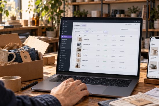 Webshop terméklistája laptopon, mellette telefonos termékkínálat és csomagoló dobozok.