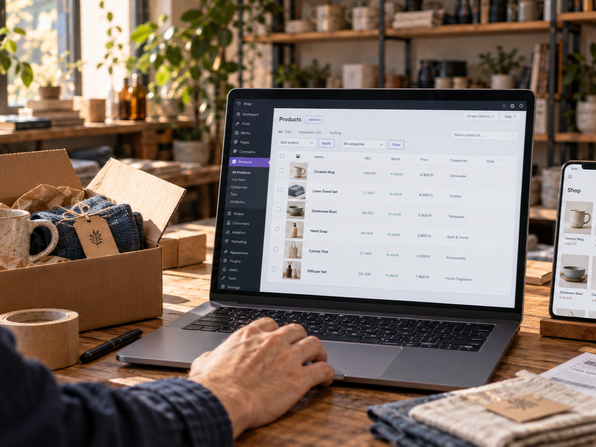 Webshop terméklistája laptopon, mellette telefonos termékkínálat és csomagoló dobozok.