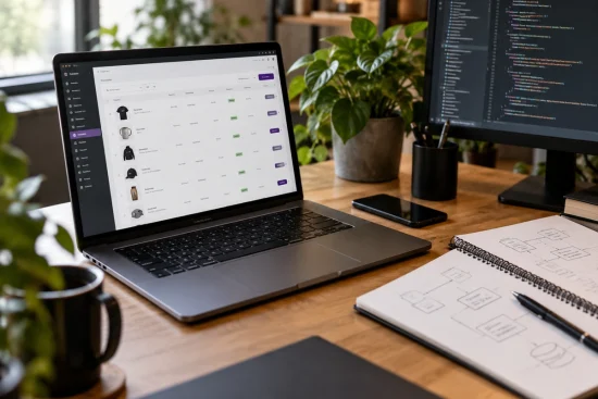 Laptopon webáruház-adminisztráció, mellette programkód a monitoron és fejlesztési folyamatábra a füzetben.