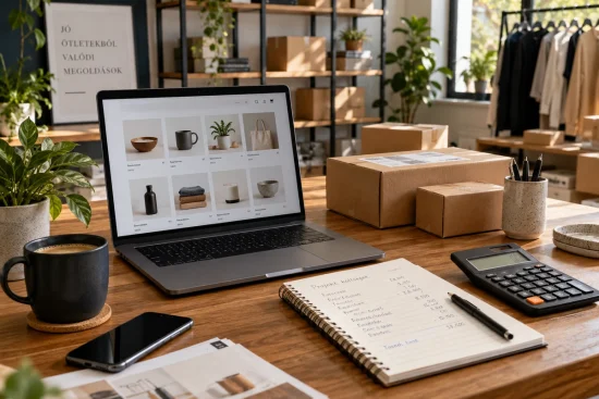 Webshop termékkínálata laptopon, csomagoló dobozok, költségjegyzetek és számológép egy asztalon.