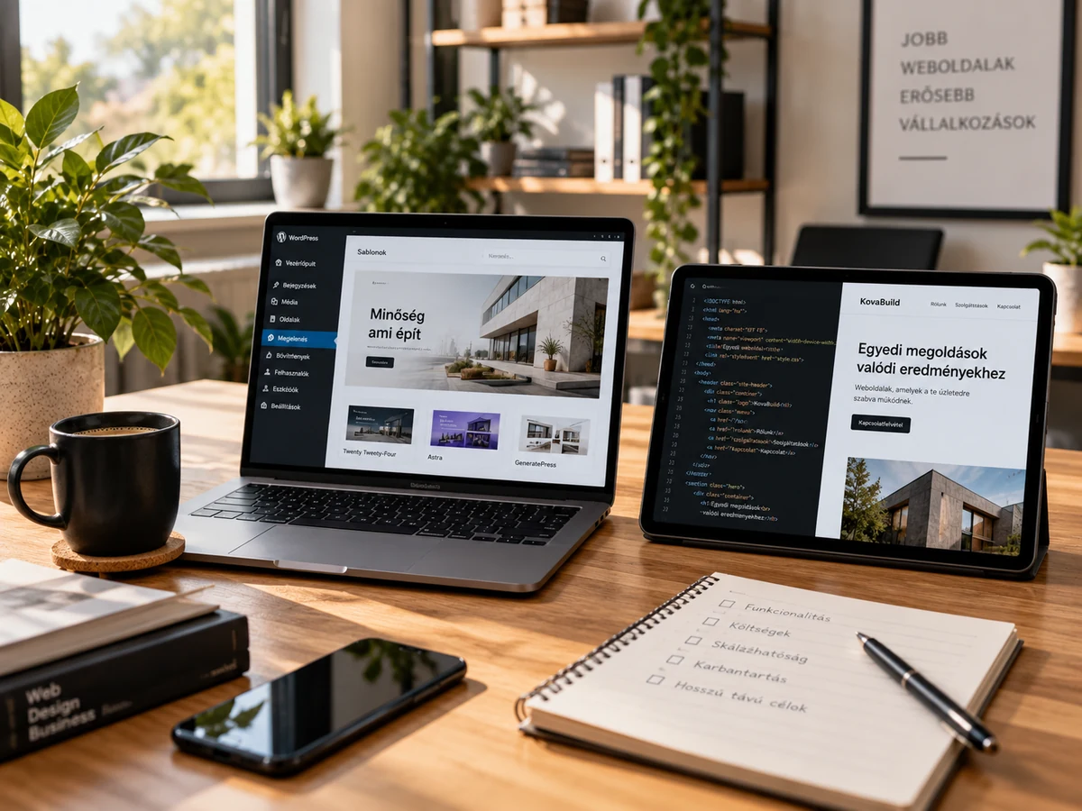 Laptopon WordPress-szerkesztő, mellette táblagépen egyedi weboldal kódja látható egy világos irodában.